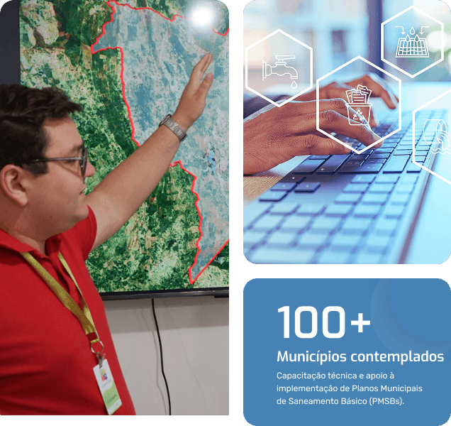 Conjunto de três imagens: jardim vertical, tecnologia digital e badge de 100+ municípios contemplados